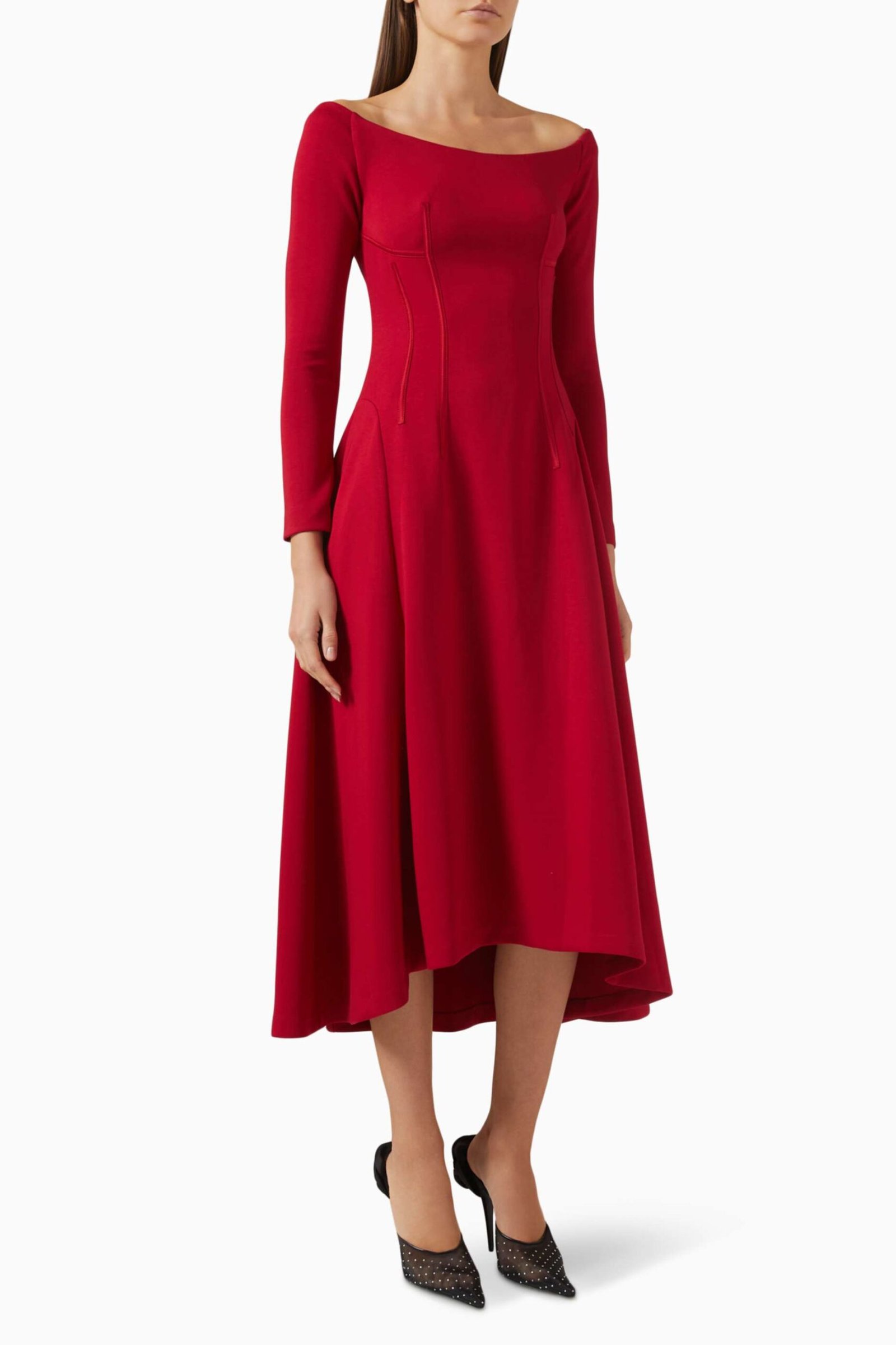 Şıklık ve Rahatlık: Mimosa Off-Shoulder Midi Dress - A-Line Silüet, Umi Kumaş - Kırmızı - Görsel 1