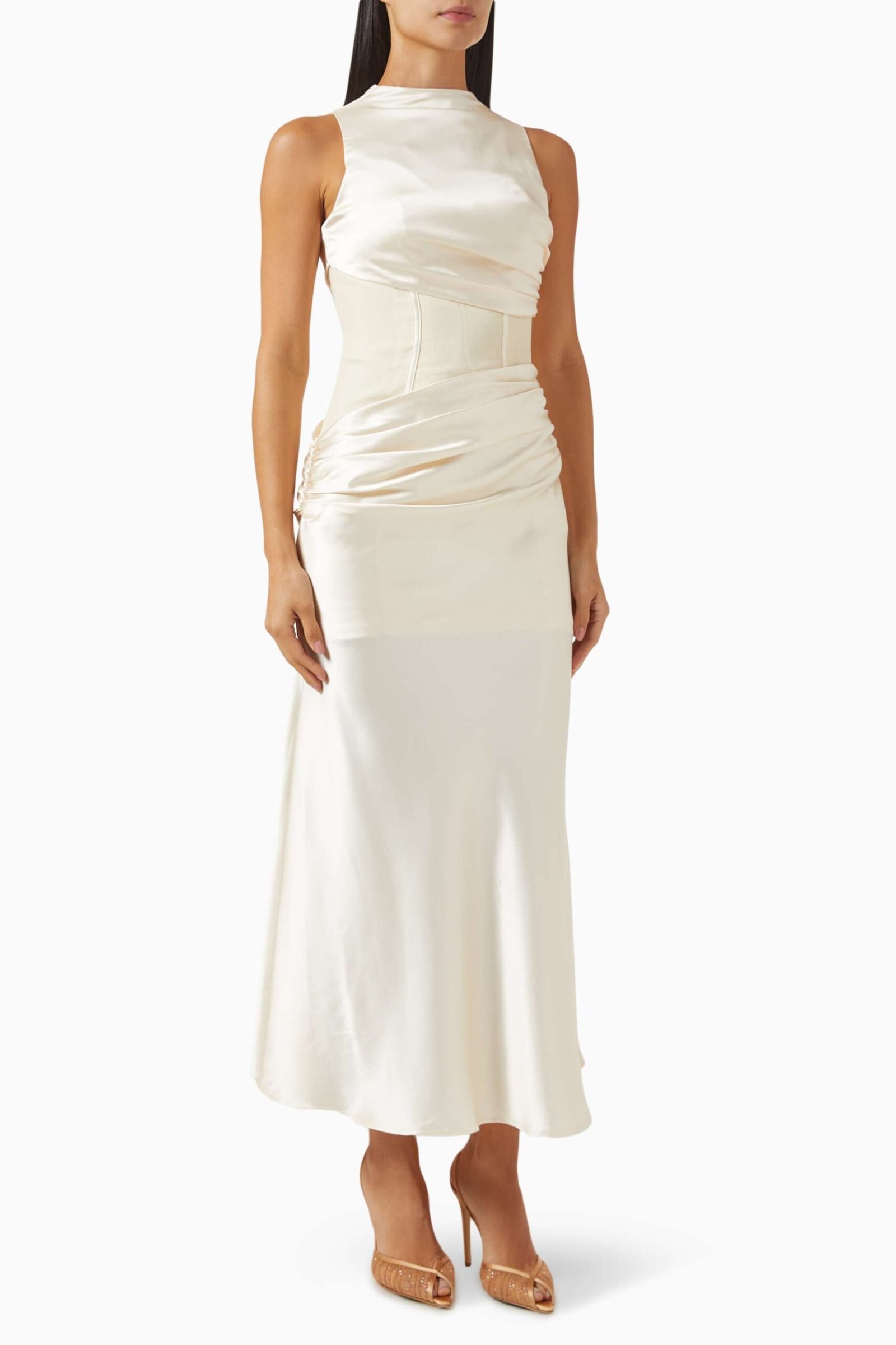 Sırt Fermuarlı, İpek, Asimetrik Overlayli, Drape Korsaj Elbise - Off-White Mermaid Uçlu - Kırık Beyaz - Görsel 1