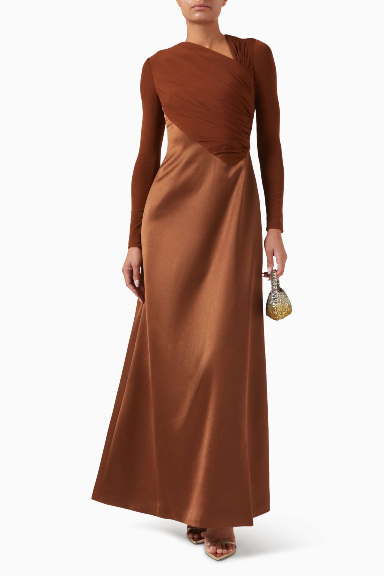 Şık Drapeli Maxi Elbise Uzun Kollar, Asimetrik Yaka, Taffeta ve Twinkle Knit - Altın - Görsel 2
