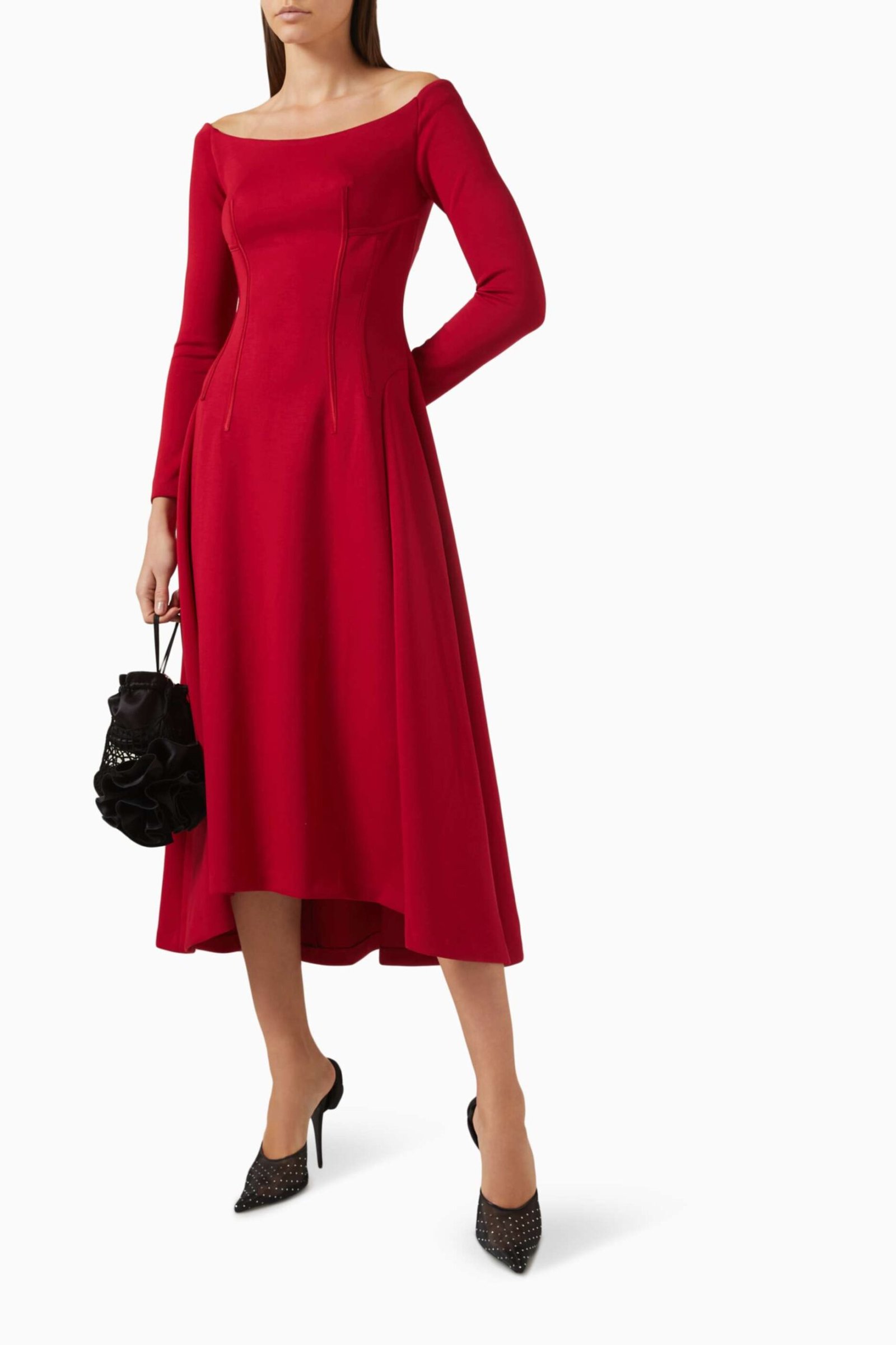 Şıklık ve Rahatlık: Mimosa Off-Shoulder Midi Dress - A-Line Silüet, Umi Kumaş - Kırmızı - Görsel 2