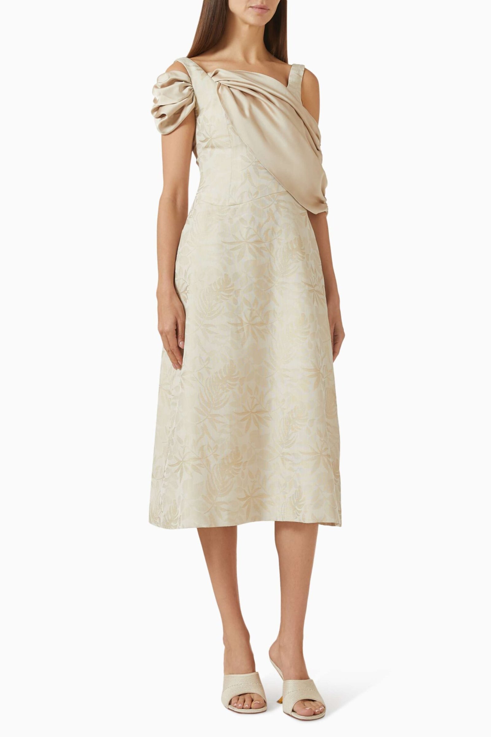 Şık Off-Shoulder Midi Elbise Toplantılar için İdeal, Fıtı Tabanlı Tasarım - Sarı - Görsel 1