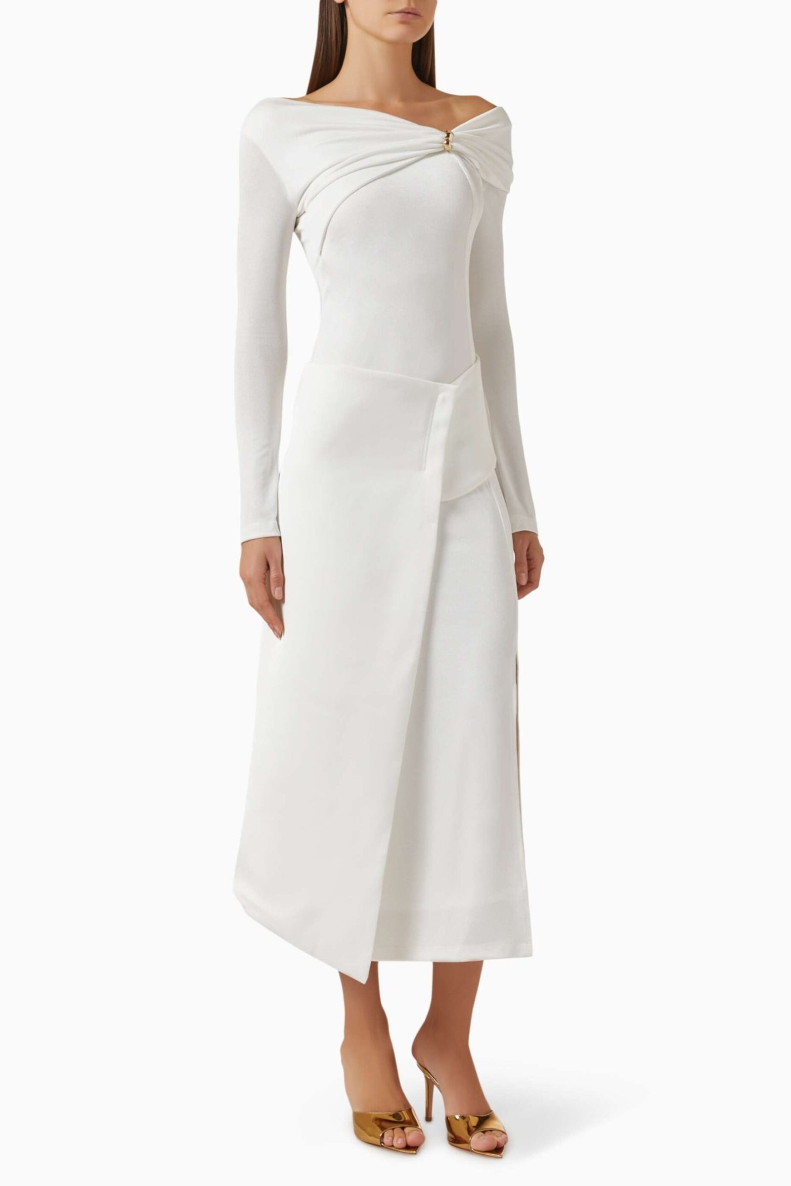 Minimalist Laly Off-Shoulder Elbise - Jarse ve Tafta, Şık Tasarım, Yan Yırtmaçlı - Beyaz - Görsel 1