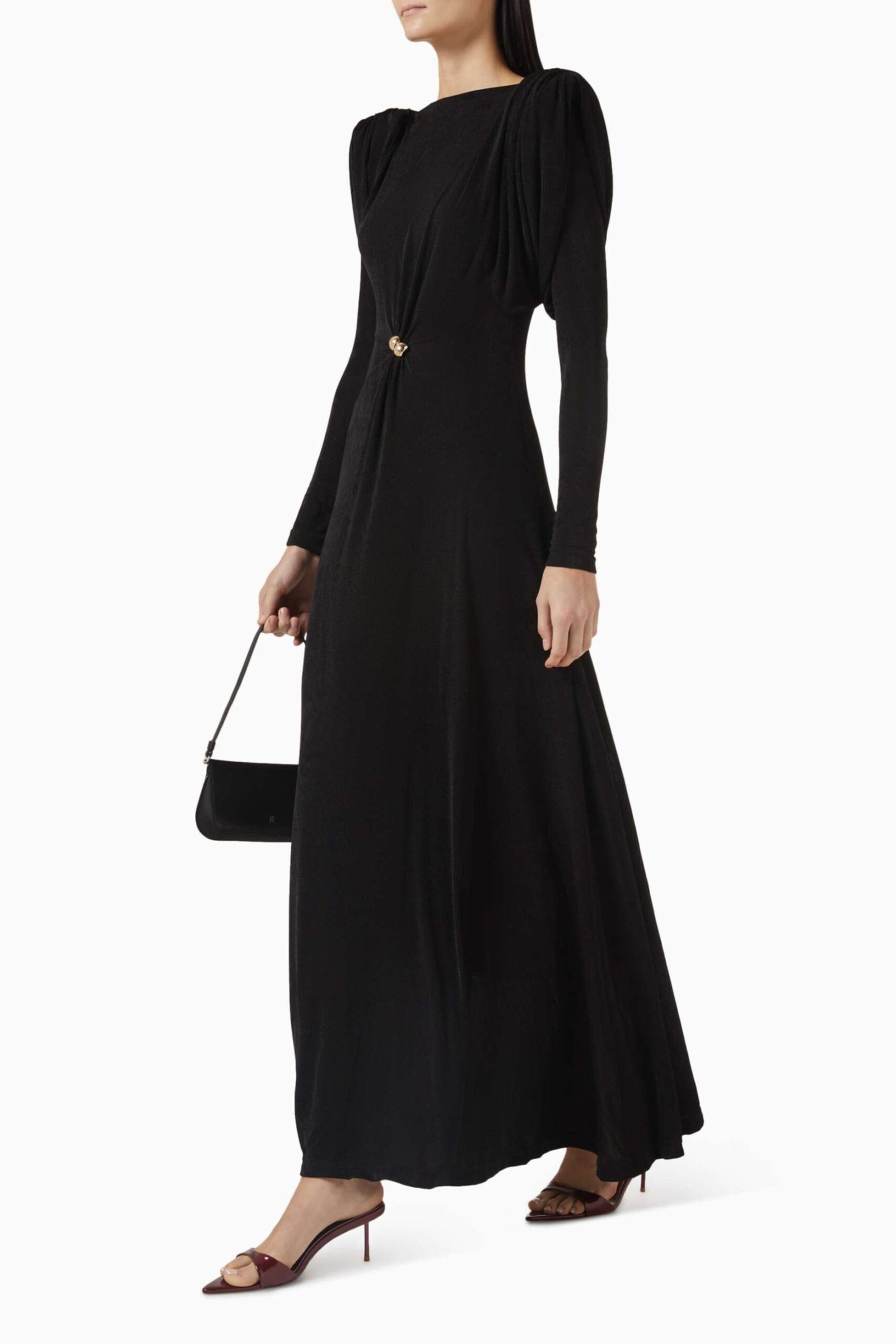 Diva Maxi Elbise - Puf Kollu, Derin U Yırtmaçlı, Twinkle Knit Kumaş - Siyah - Görsel 2