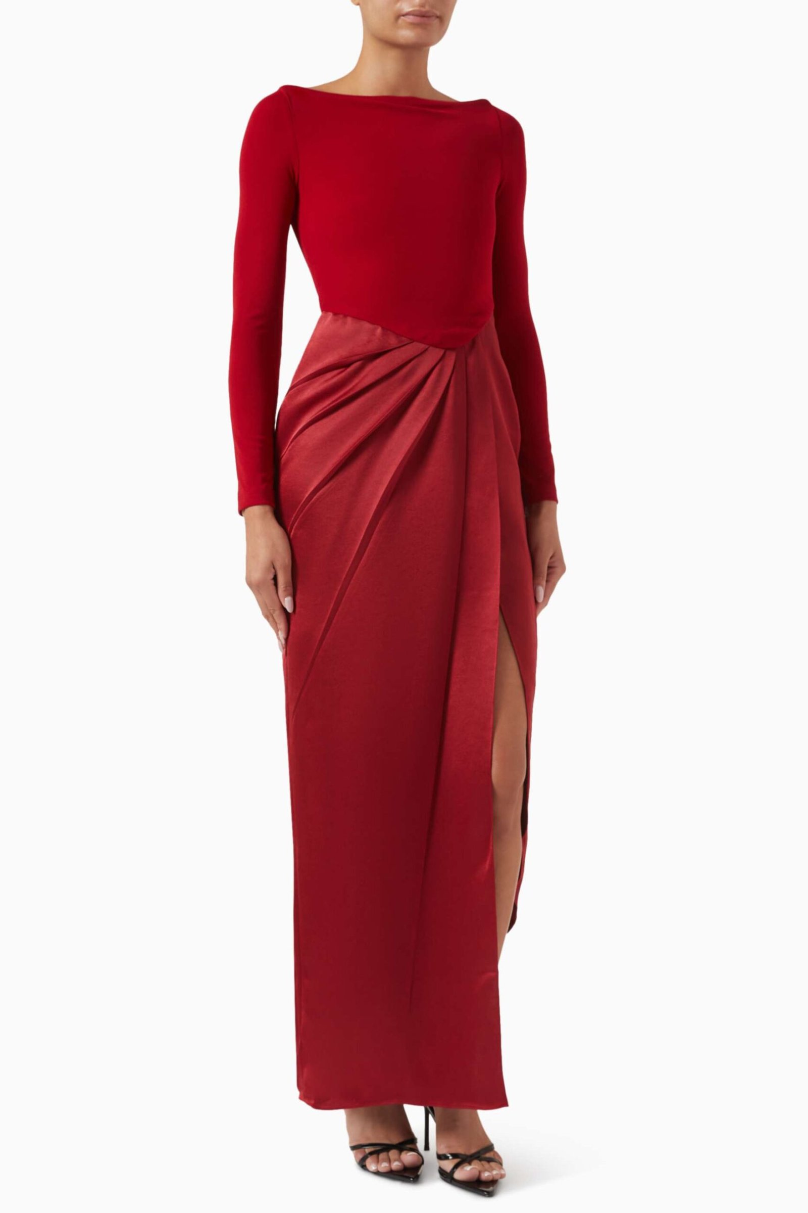 Drape Maxi Elbise - Dikkat Çekici Doku, Yüksek Yırtmaç & V-Yırtmaçlı Bel - Kırmızı - Görsel 1