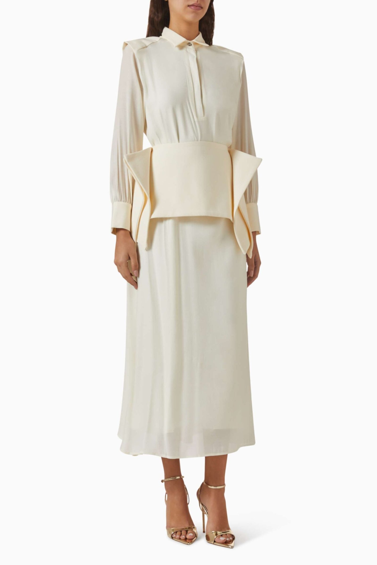 Ophelia Kemerli Elbise - Crinkle Chiffon Crepe, Şık ve Rahat Tasarım - Kırık Beyaz - Görsel 1
