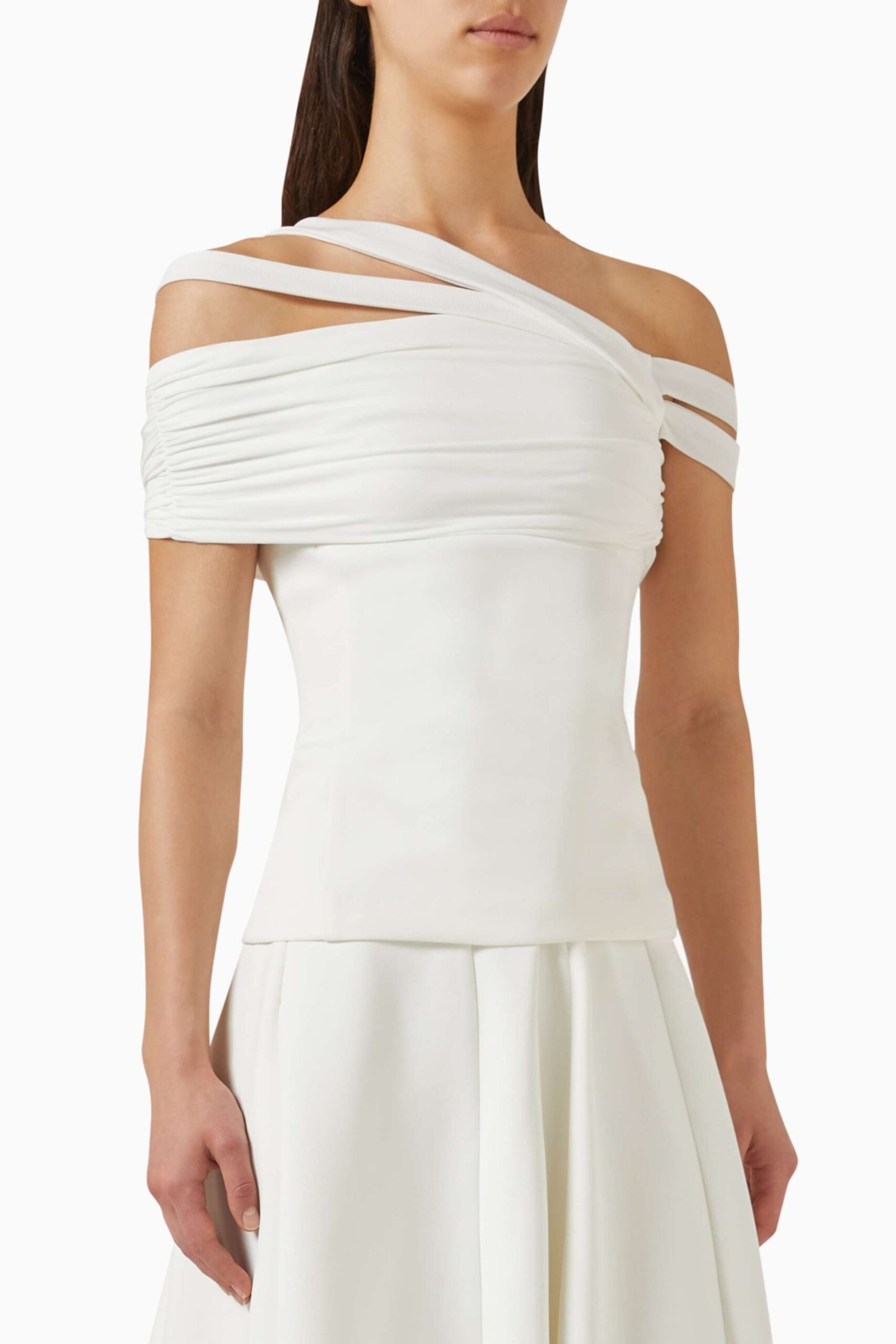 Saffira Asimetrik Top - Rahat Rib-Knit, Askısız, File Detaylı Tasarım - Beyaz - Görsel 1
