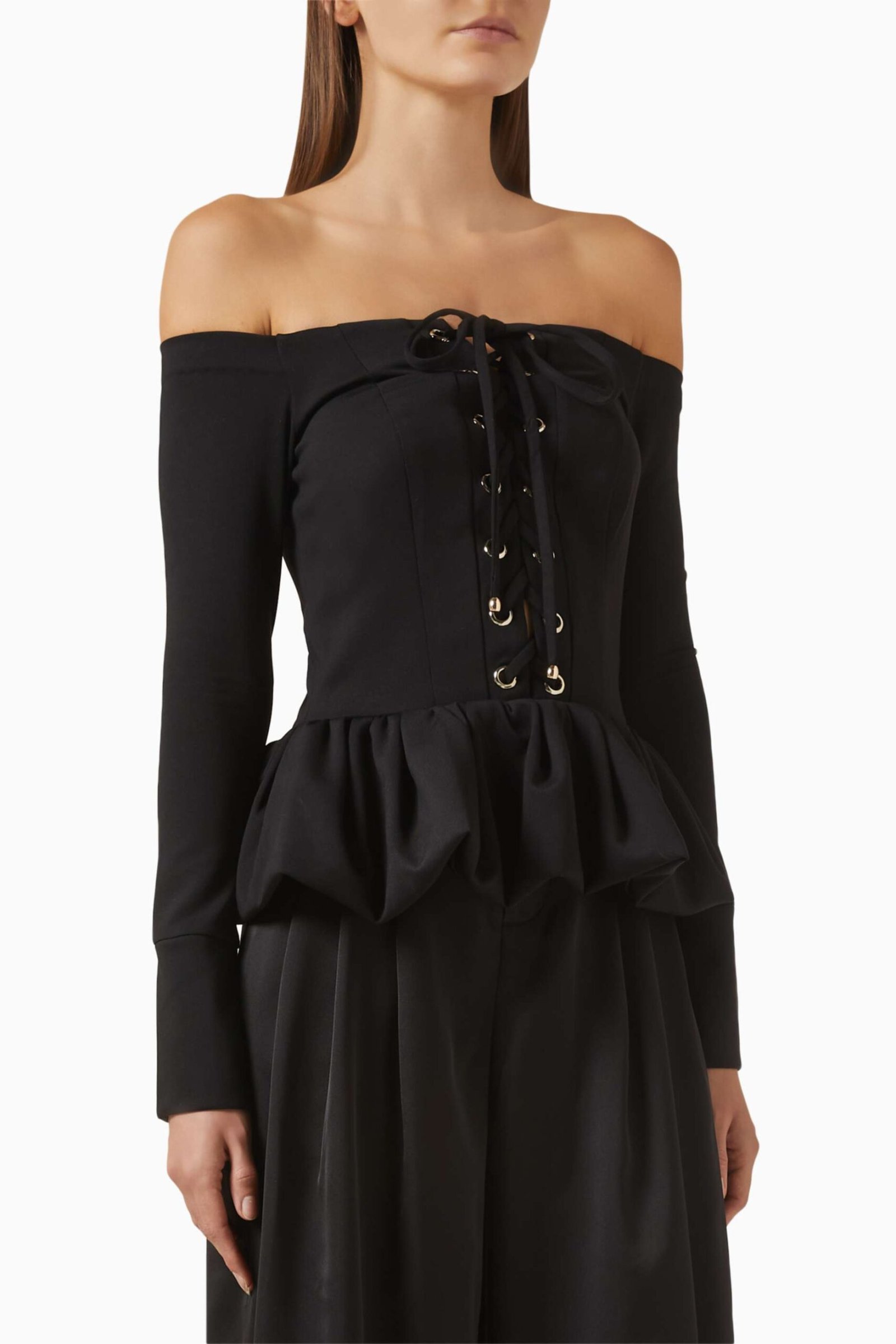 Umi Kumaş Off-Shoulder Peplum Bluz - Siyah, Düğmeli Ön Ayarlanabilir, Şık Tasarım - Siyah - Görsel 1
