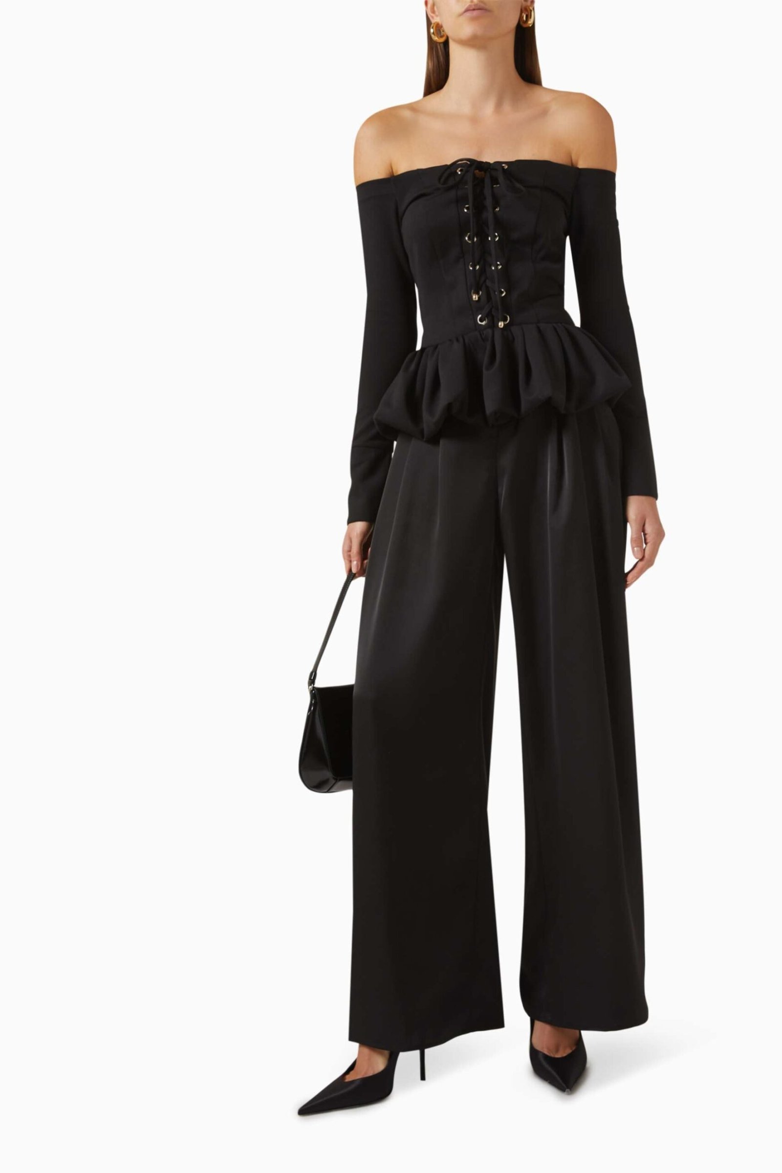 Umi Kumaş Off-Shoulder Peplum Bluz - Siyah, Düğmeli Ön Ayarlanabilir, Şık Tasarım - Siyah - Görsel 2